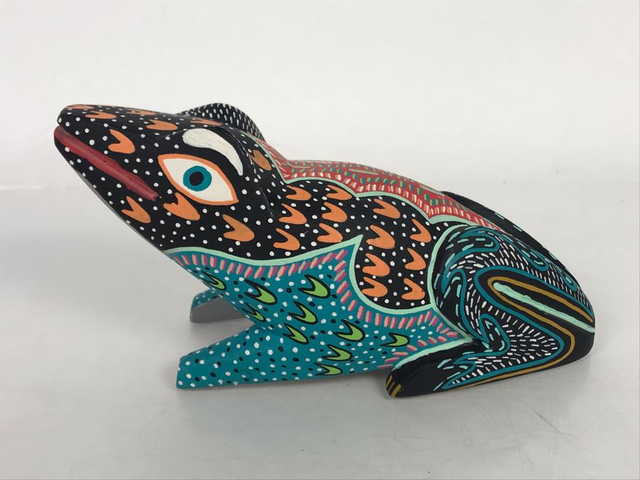 Signed Oaxacan Wood Carved Frog By Gilberto A. Soriano Col. Emiliano Zapata 7W X 3.5H [Photo 2]