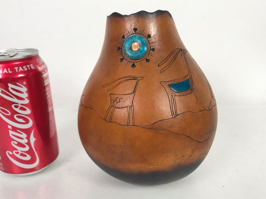 Hand Carved Gourd Artwork With Turquoise Piece 6.5H [Photo 2]