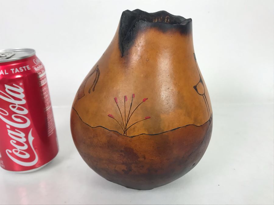 Hand Carved Gourd Artwork With Turquoise Piece 6.5H [Photo 7]