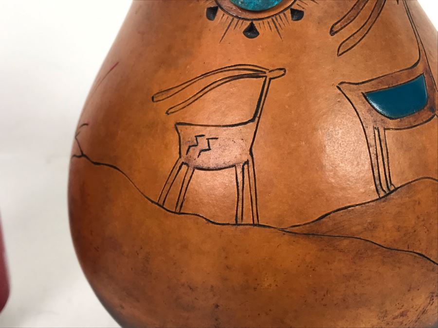 Hand Carved Gourd Artwork With Turquoise Piece 6.5H [Photo 4]