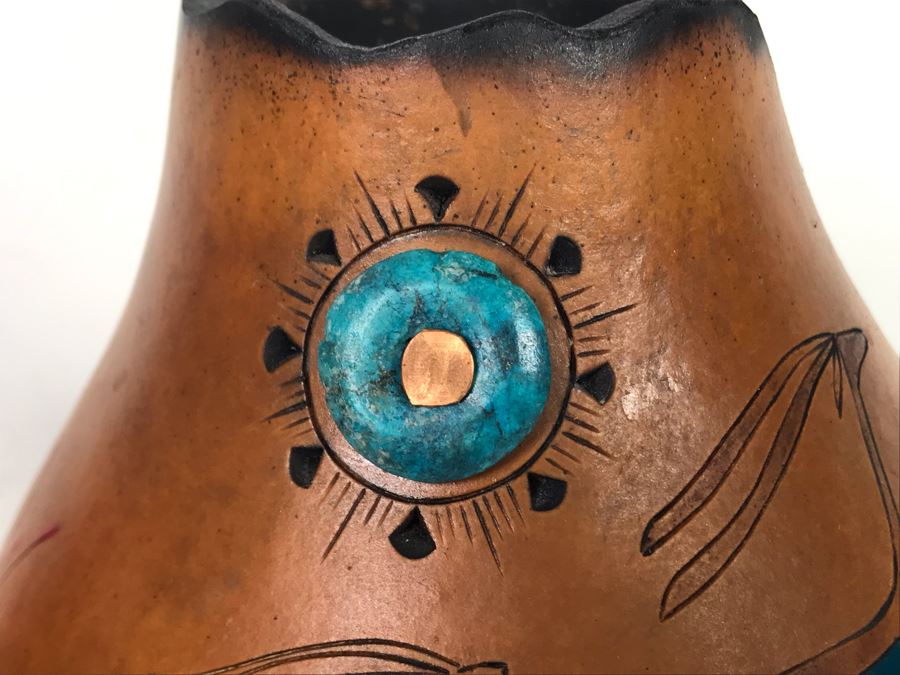 Hand Carved Gourd Artwork With Turquoise Piece 6.5H [Photo 3]