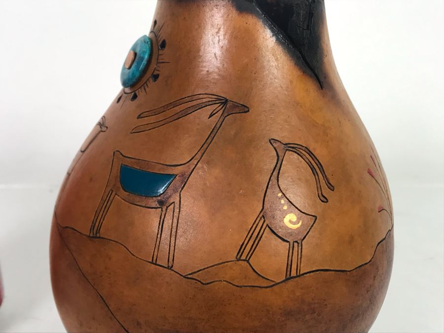 Hand Carved Gourd Artwork With Turquoise Piece 6.5H [Photo 5]