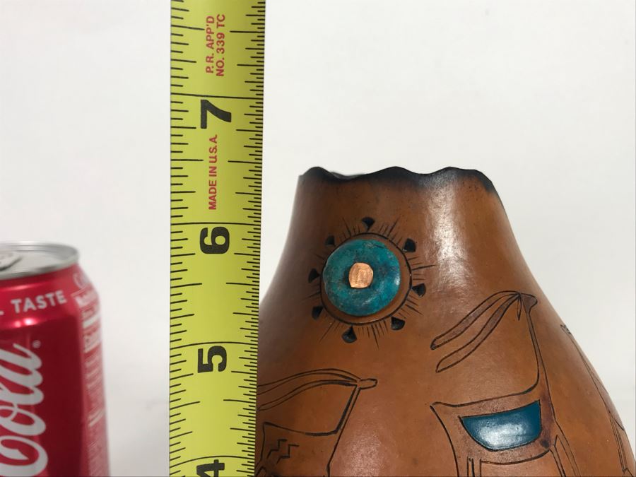 Hand Carved Gourd Artwork With Turquoise Piece 6.5H [Photo 11]