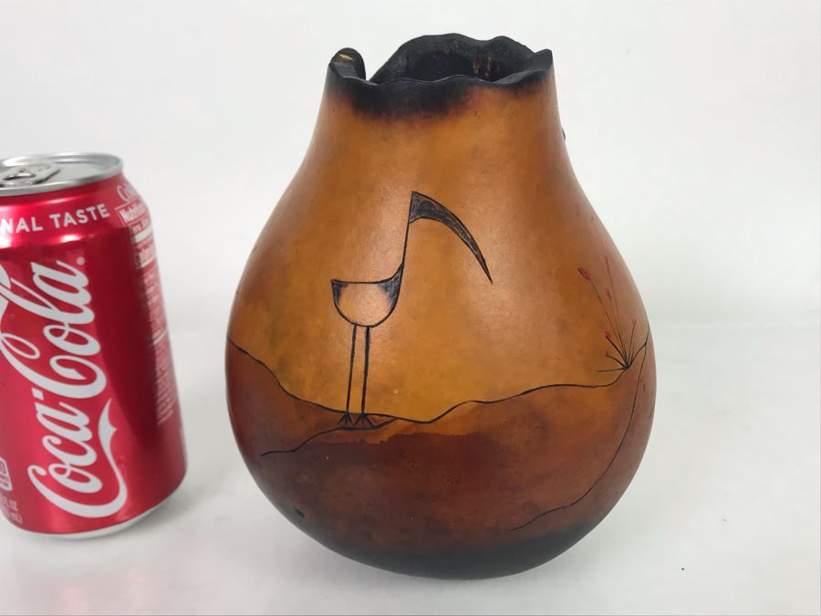 Hand Carved Gourd Artwork With Turquoise Piece 6.5H [Photo 8]