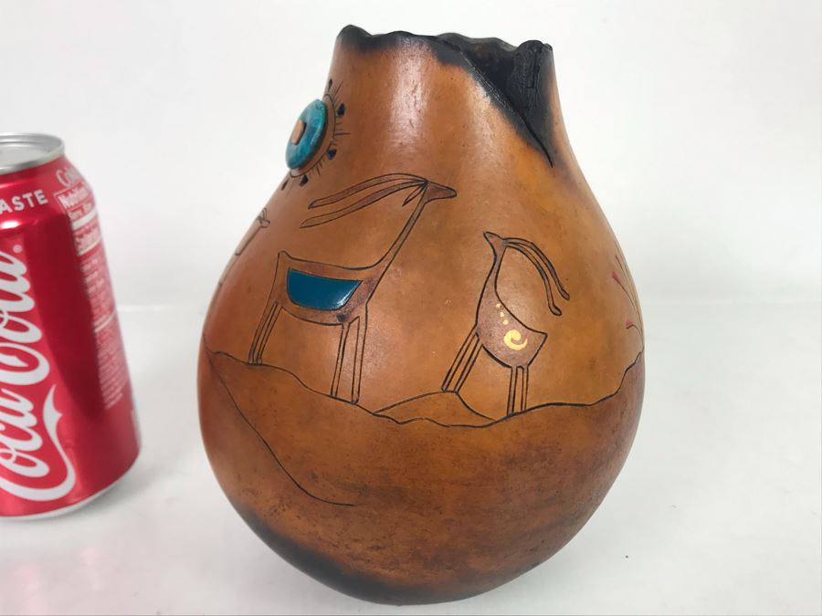 Hand Carved Gourd Artwork With Turquoise Piece 6.5H [Photo 6]