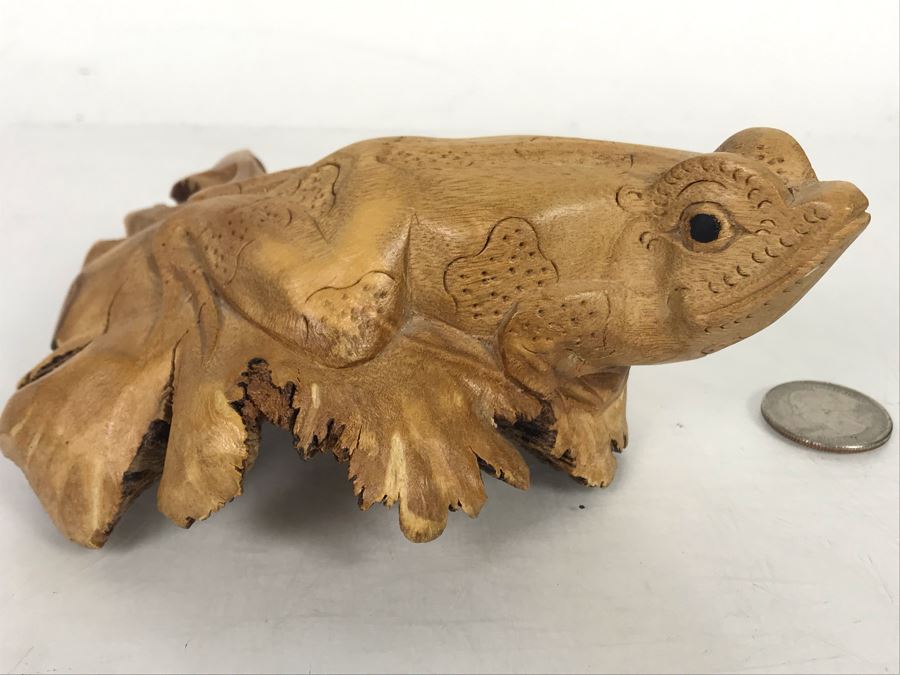 Hand Carved Wooden Frog Sculpture 5.5W X 2H