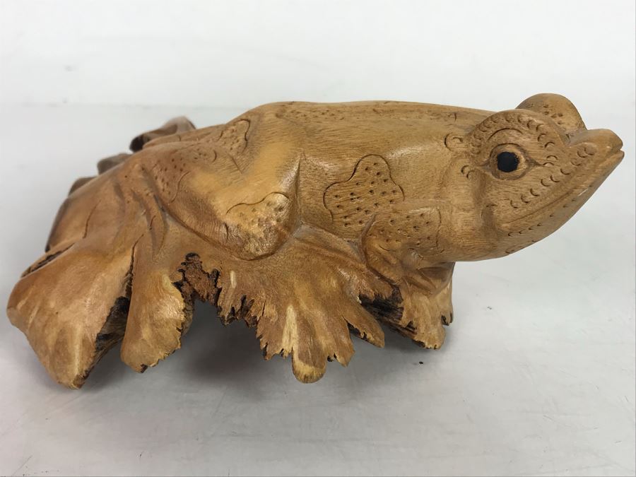 Hand Carved Wooden Frog Sculpture 5.5W X 2H