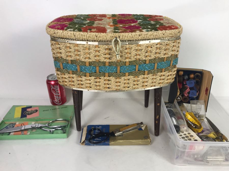 Vintage Mid-Century Footed Sewing Box With Various Sewing Supplies Including Wiss Shears - See Photos [Photo 1]