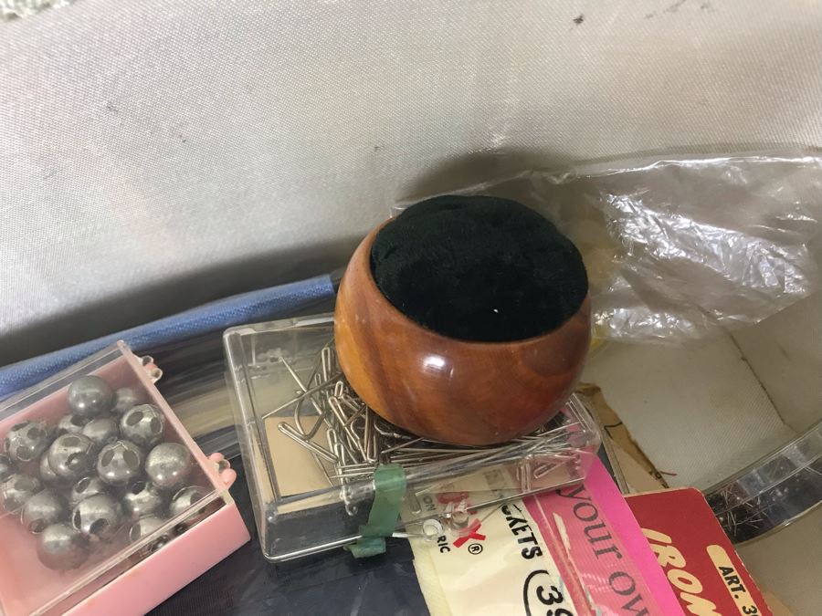 Vintage Mid-Century Footed Sewing Box With Various Sewing Supplies Including Wiss Shears - See Photos [Photo 9]