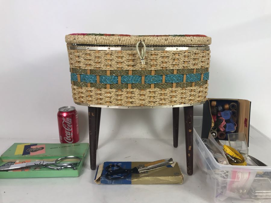 Vintage Mid-Century Footed Sewing Box With Various Sewing Supplies Including Wiss Shears - See Photos [Photo 2]