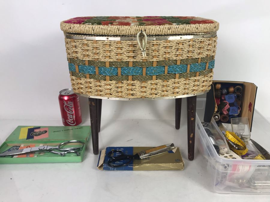 Vintage Mid-Century Footed Sewing Box With Various Sewing Supplies Including Wiss Shears - See Photos [Photo 18]