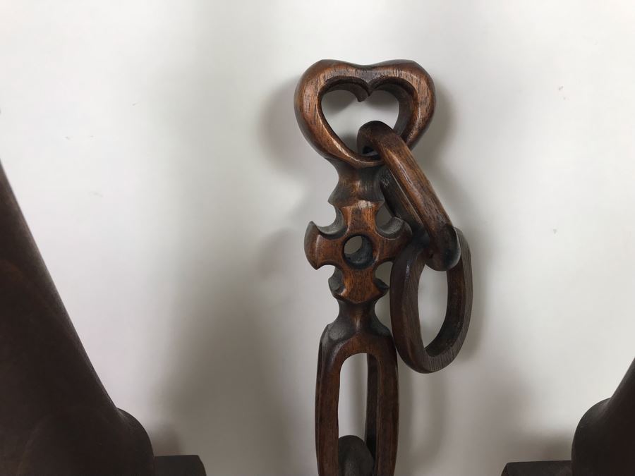 Pair Of Turned Wooden Candle Holders 9.5H And Carved Wooden Objet D'art 9H [Photo 6]