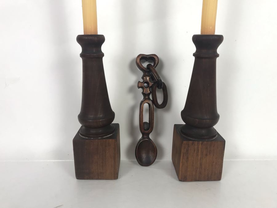 Pair Of Turned Wooden Candle Holders 9.5H And Carved Wooden Objet D'art 9H [Photo 2]