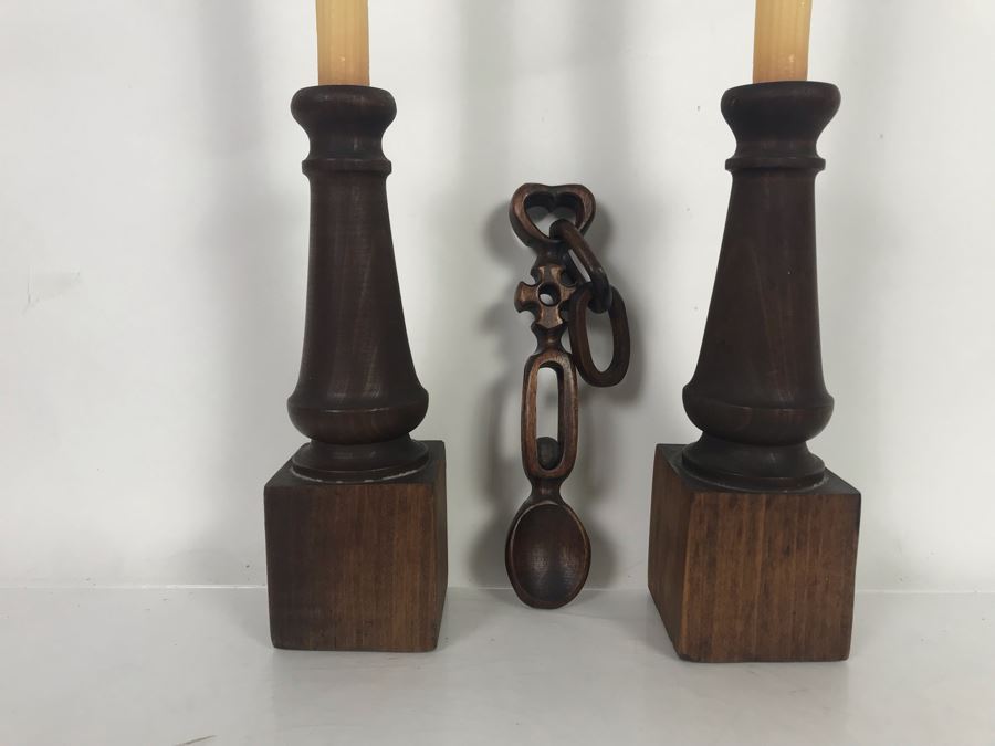Pair Of Turned Wooden Candle Holders 9.5H And Carved Wooden Objet D'art 9H [Photo 3]