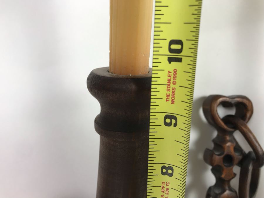 Pair Of Turned Wooden Candle Holders 9.5H And Carved Wooden Objet D'art 9H [Photo 8]