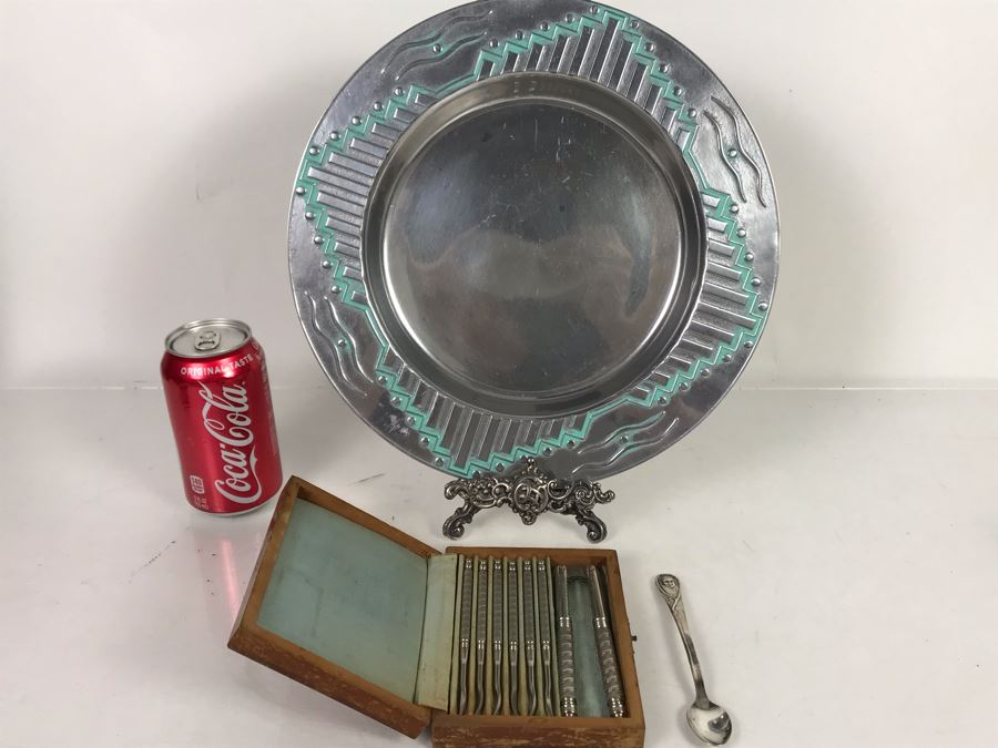 Vintage Wilton Southwest Round Pewter Plate 12R, Vintage Gerber Silverplate Spoon, Metal Easel And Seafood Cracker Set [Photo 2]