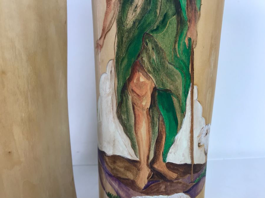 Pair Of Hand Painted Wooden Candle Holders Of Saint David And Saint John Signed SCB 12H [Photo 9]