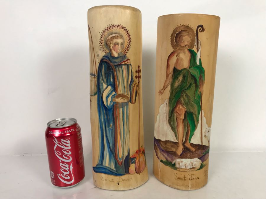 Pair Of Hand Painted Wooden Candle Holders Of Saint David And Saint John Signed SCB 12H [Photo 2]