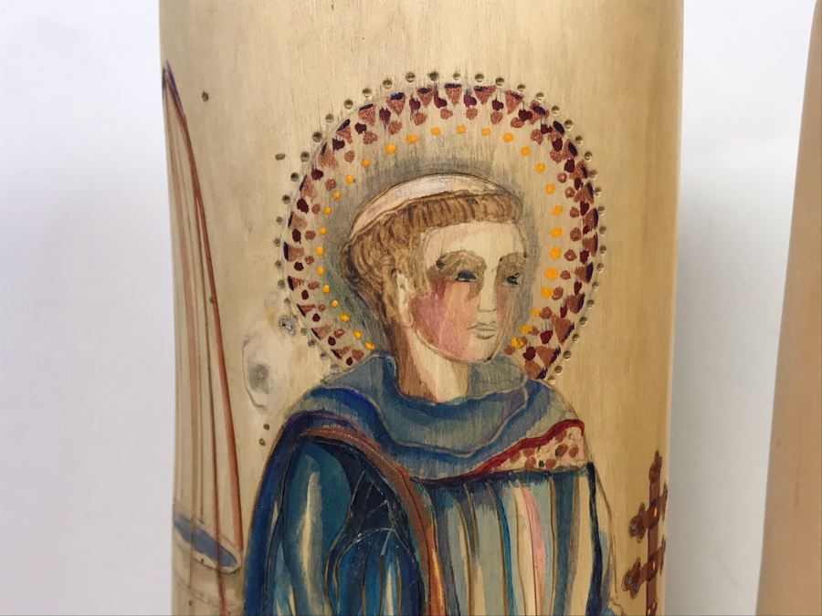 Pair Of Hand Painted Wooden Candle Holders Of Saint David And Saint John Signed SCB 12H [Photo 3]