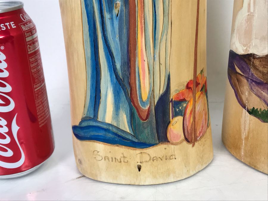 Pair Of Hand Painted Wooden Candle Holders Of Saint David And Saint John Signed SCB 12H [Photo 5]