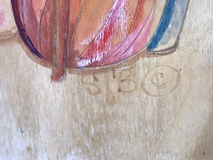 Pair Of Hand Painted Wooden Candle Holders Of Saint David And Saint John Signed SCB 12H [Photo 6]