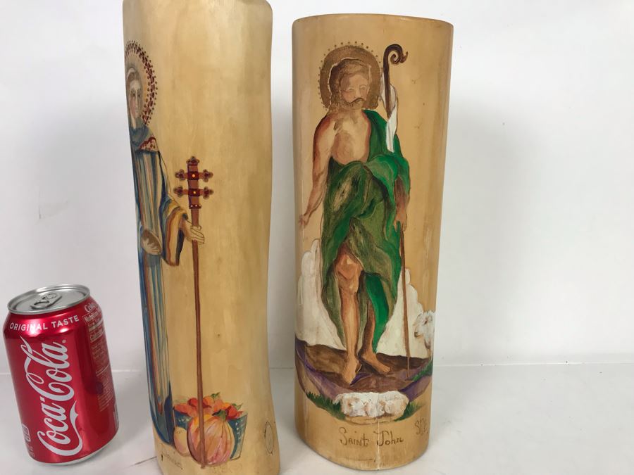 Pair Of Hand Painted Wooden Candle Holders Of Saint David And Saint John Signed SCB 12H [Photo 7]