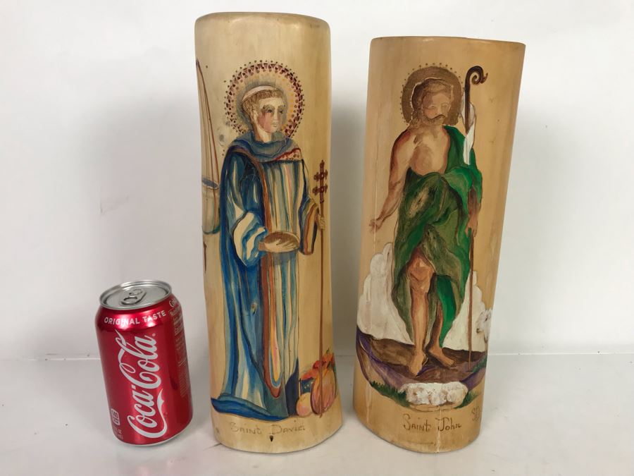 Pair Of Hand Painted Wooden Candle Holders Of Saint David And Saint John Signed SCB 12H