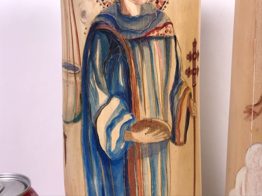 Pair Of Hand Painted Wooden Candle Holders Of Saint David And Saint John Signed SCB 12H [Photo 4]