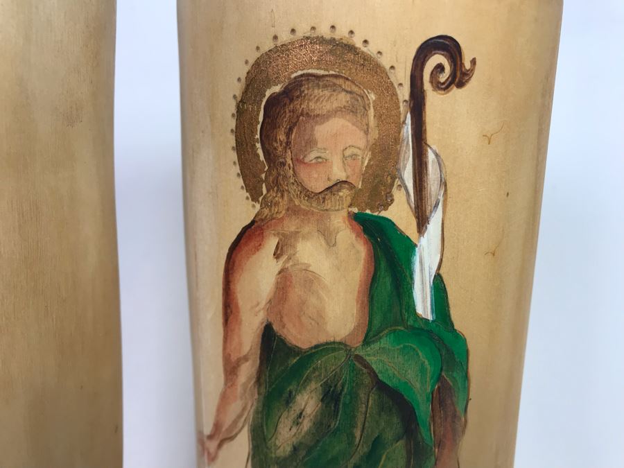Pair Of Hand Painted Wooden Candle Holders Of Saint David And Saint John Signed SCB 12H [Photo 8]