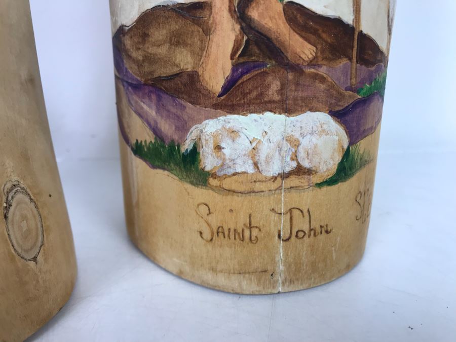 Pair Of Hand Painted Wooden Candle Holders Of Saint David And Saint John Signed SCB 12H [Photo 10]