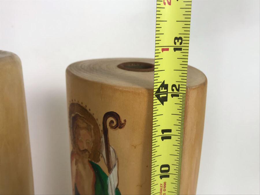 Pair Of Hand Painted Wooden Candle Holders Of Saint David And Saint John Signed SCB 12H [Photo 14]