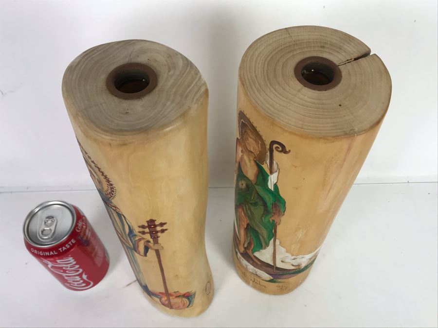 Pair Of Hand Painted Wooden Candle Holders Of Saint David And Saint John Signed SCB 12H [Photo 12]