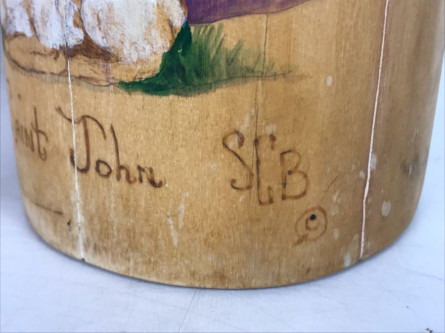 Pair Of Hand Painted Wooden Candle Holders Of Saint David And Saint John Signed SCB 12H [Photo 11]