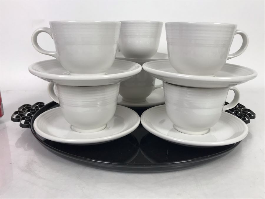 (6) Fiesta From Homer Laughlin White Cups And Saucers And Vintage Moire Glaze Kyes Handmade Tray Pasadena, CA [Photo 3]