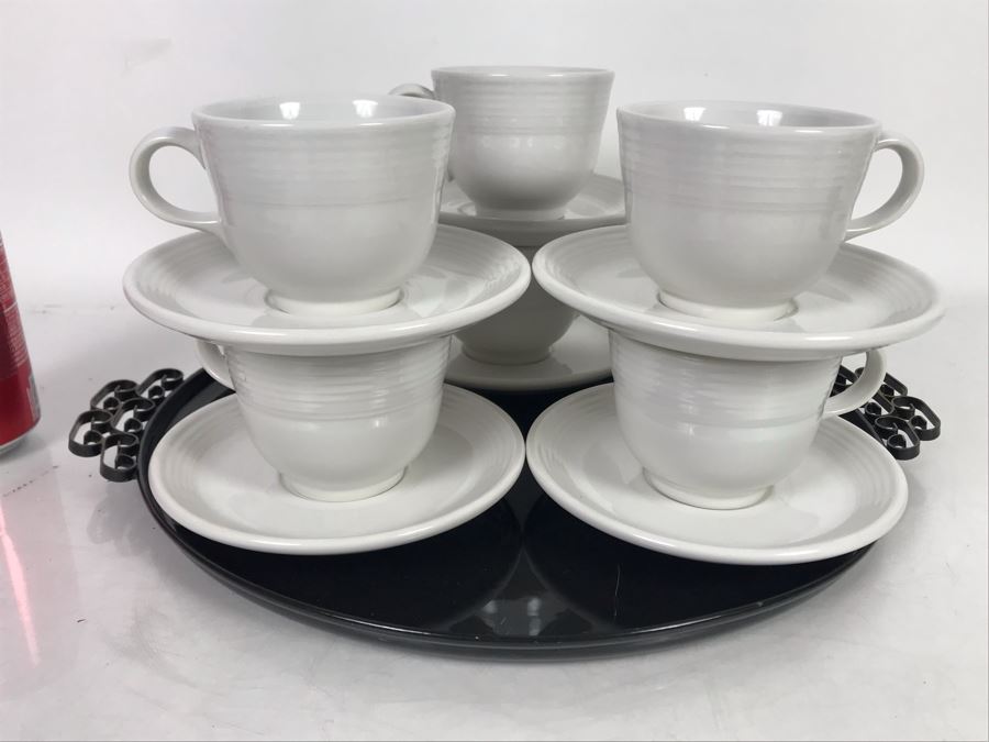 (6) Fiesta From Homer Laughlin White Cups And Saucers And Vintage Moire Glaze Kyes Handmade Tray Pasadena, CA