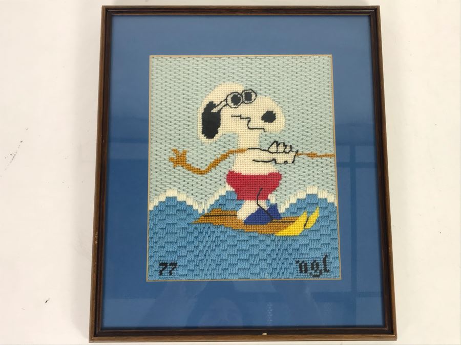 Vintage 1977 Waterskiing Snoopy Needlepoint 13W X 15H [Photo 3]