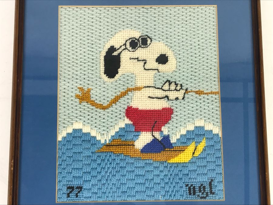 Vintage 1977 Waterskiing Snoopy Needlepoint 13W X 15H [Photo 1]