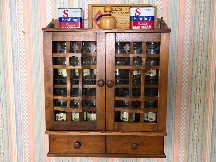 Vintage Wooden Wall Mounted Spice Rack With Various Spice Bottles Tins