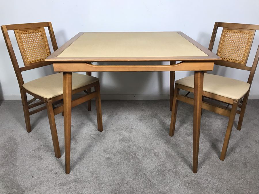 Vintage Mid-Century Stakmore Card Table 32W X 28H With (2) Stakmore Folding Cane Back Chairs [Photo 1]