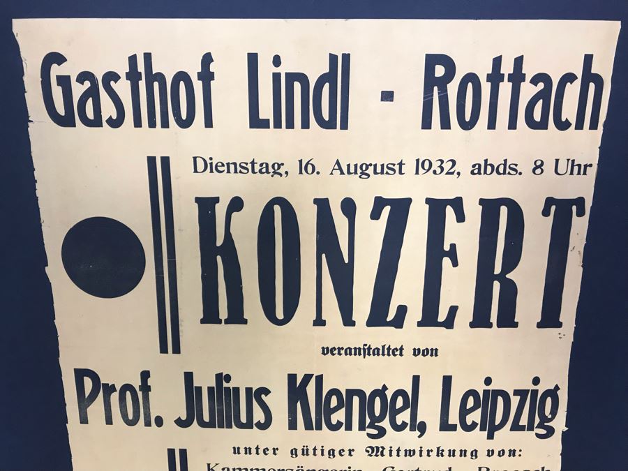 Vintage 1932 German Concert Poster Featuring Prof. Julius Klengel ...