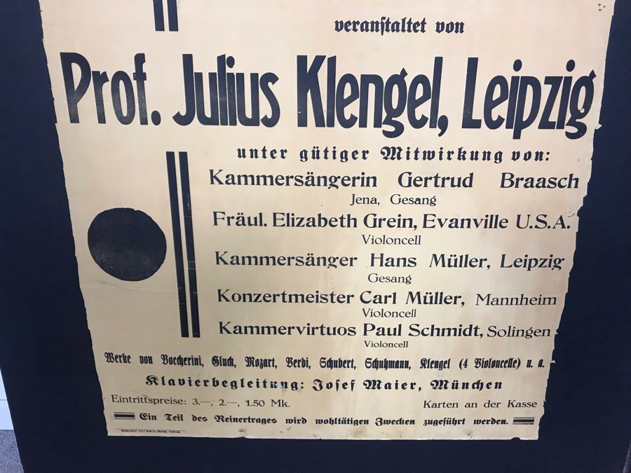 Vintage 1932 German Concert Poster Featuring Prof. Julius Klengel, Leipzig And Client's Mother Elizabeth Grein Who Was Only American In Concert 22W X 33H [Photo 5]