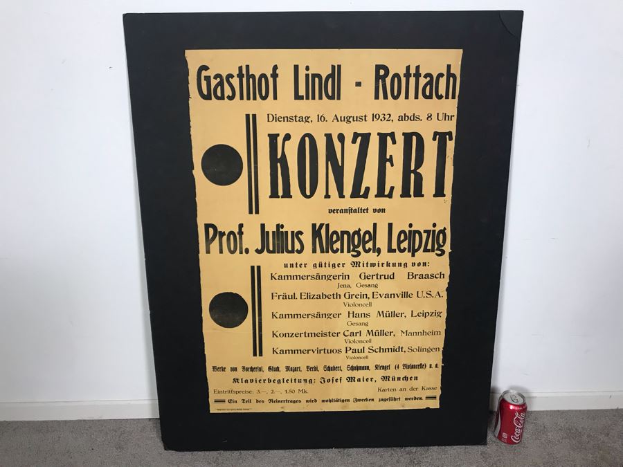 Vintage 1932 German Concert Poster Featuring Prof. Julius Klengel, Leipzig And Client's Mother Elizabeth Grein Who Was Only American In Concert 22W X 33H [Photo 1]