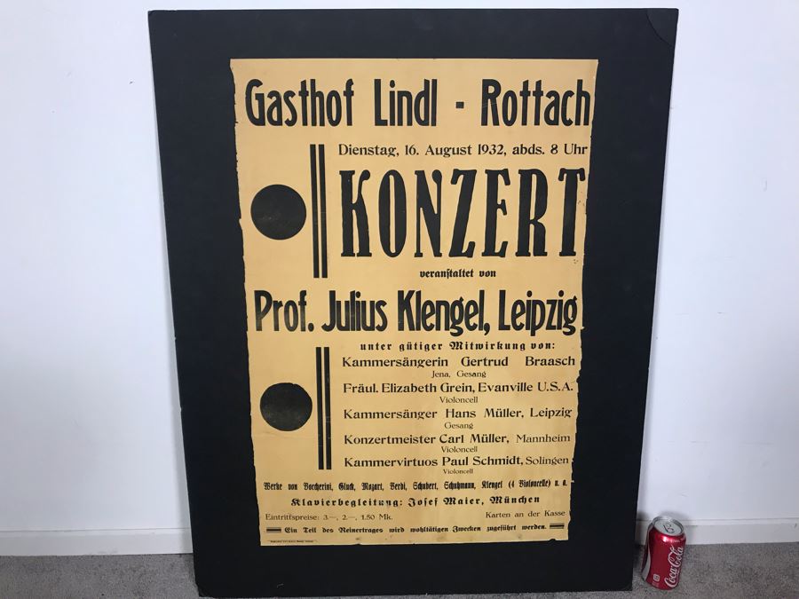 Vintage 1932 German Concert Poster Featuring Prof. Julius Klengel, Leipzig And Client's Mother Elizabeth Grein Who Was Only American In Concert 22W X 33H [Photo 2]