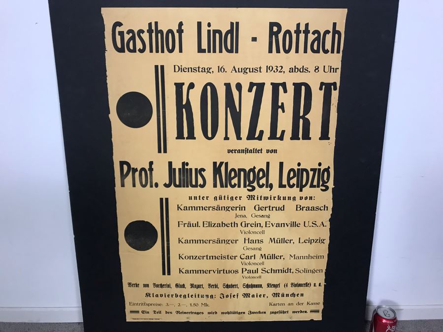 Vintage 1932 German Concert Poster Featuring Prof. Julius Klengel, Leipzig And Client's Mother Elizabeth Grein Who Was Only American In Concert 22W X 33H [Photo 3]