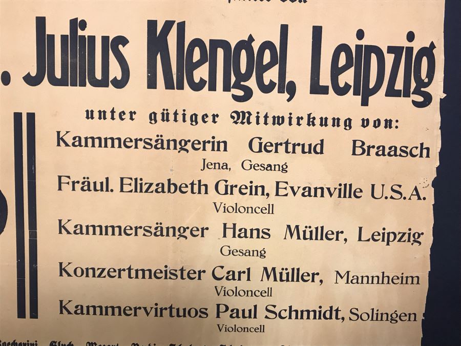 Vintage 1932 German Concert Poster Featuring Prof. Julius Klengel, Leipzig And Client's Mother Elizabeth Grein Who Was Only American In Concert 22W X 33H [Photo 7]