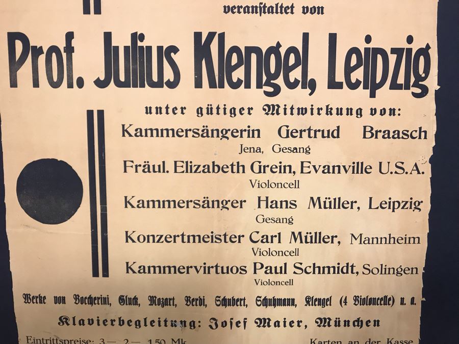 Vintage 1932 German Concert Poster Featuring Prof. Julius Klengel, Leipzig And Client's Mother Elizabeth Grein Who Was Only American In Concert 22W X 33H [Photo 8]
