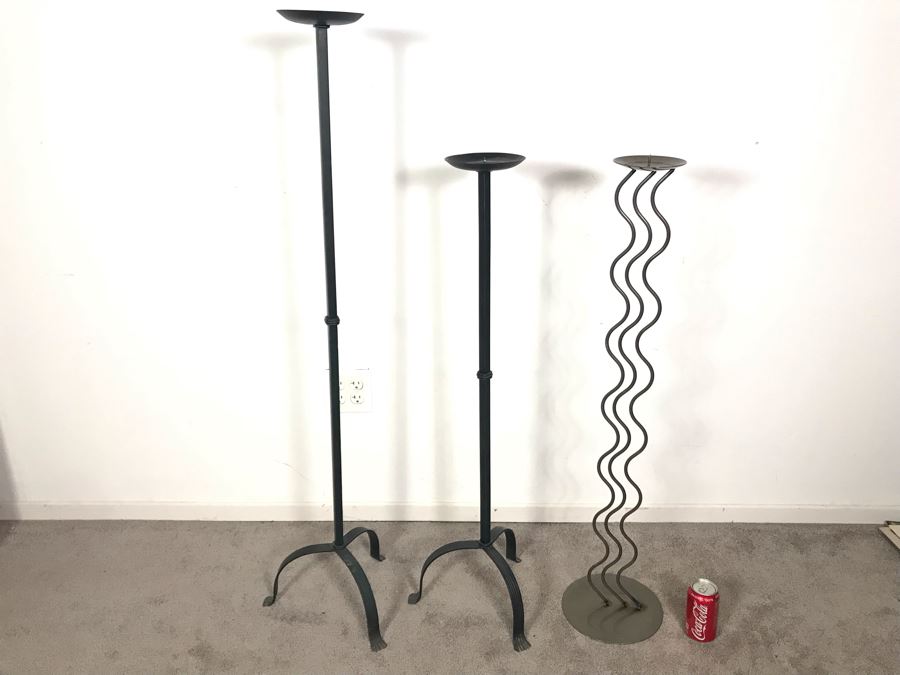 (2) Ethan Allen Matching Floor Candle Holders And Designer Metal Floor Candle Holder 40H And 49.5H [Photo 1]