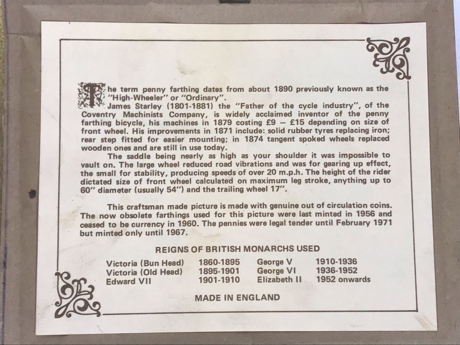 Craftsman Made Penny Farthling Picture Made From Old Coins 6 X 5 [Photo 6]