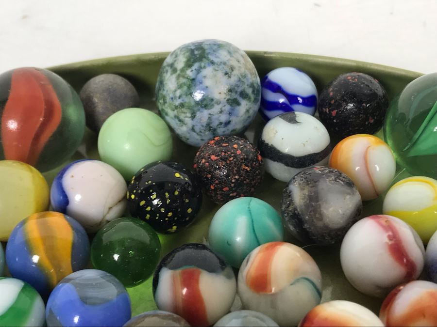 Tray Filled With Vintage Glass Marbles 10'R - See Photos