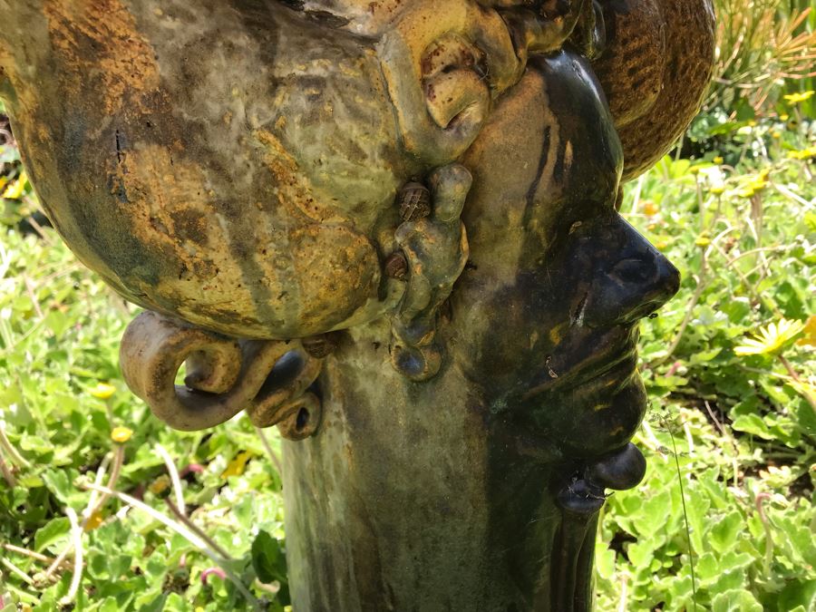 Sculptural Art Pottery Bird Bath With Human Faces And Hens 28H [Photo 5]